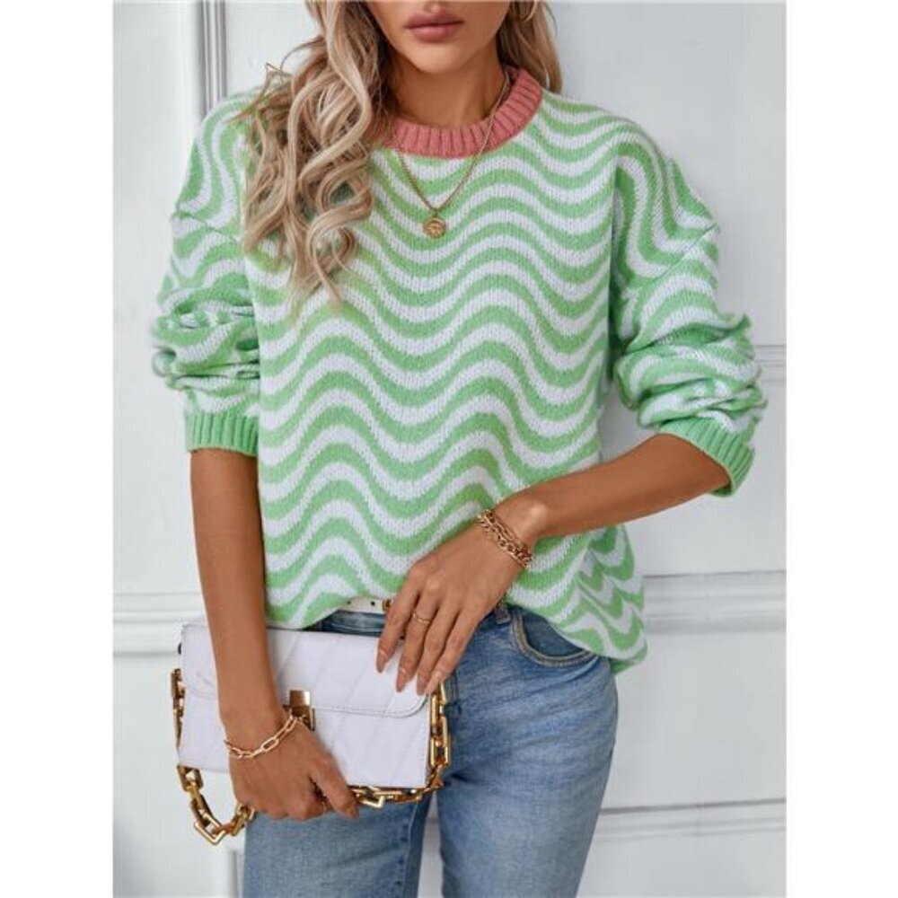 Wavy Striped Round Neck Sweater